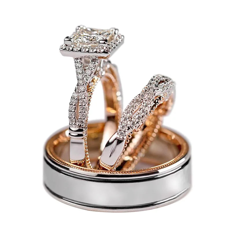 14K Gold Vintage 3-in-1 Promise Ring Set Lab Diamond Engagement Wedding Band Rings for Women Men Party Jewelry