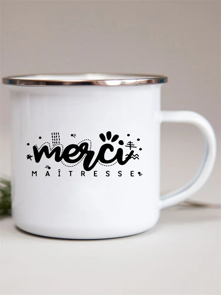 French Flower Printed Enamel Mugs Creative Coffee Mug Milk Wine Beer Drink Juice Cup School Home Handle Drinkware Teacher Gifts