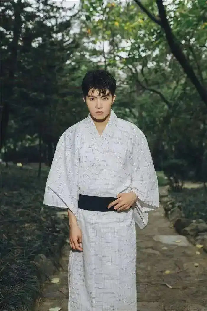 Traditional Japanese KIMONO Fashion YUKATA Summer Men Long Robes With Belt 95% Cotton Pajamas Set Male Sleepwear Bathrobe