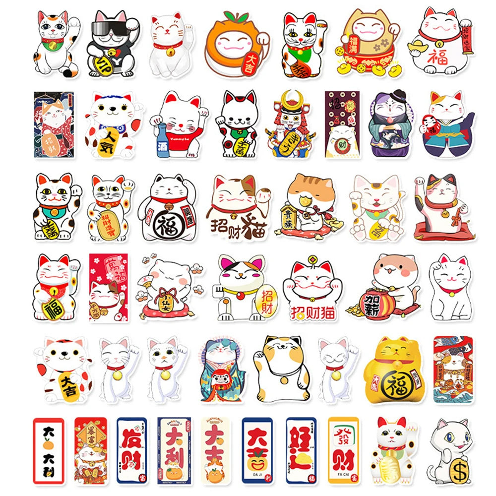 10/30/50pcs Cute Maneki Neko Luck Cartoon Cat Graffiti Stickers Decals DIY Laptop Phone Case Waterproof Kawaii Sticker Kids Toys