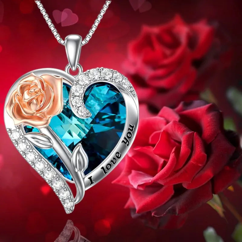 Fashion "I Love You" Rose Flower Pendant Necklace Ladies Heart Crystal Jewelry Anniversary Birthday Gift Mom Wife Girlfriend