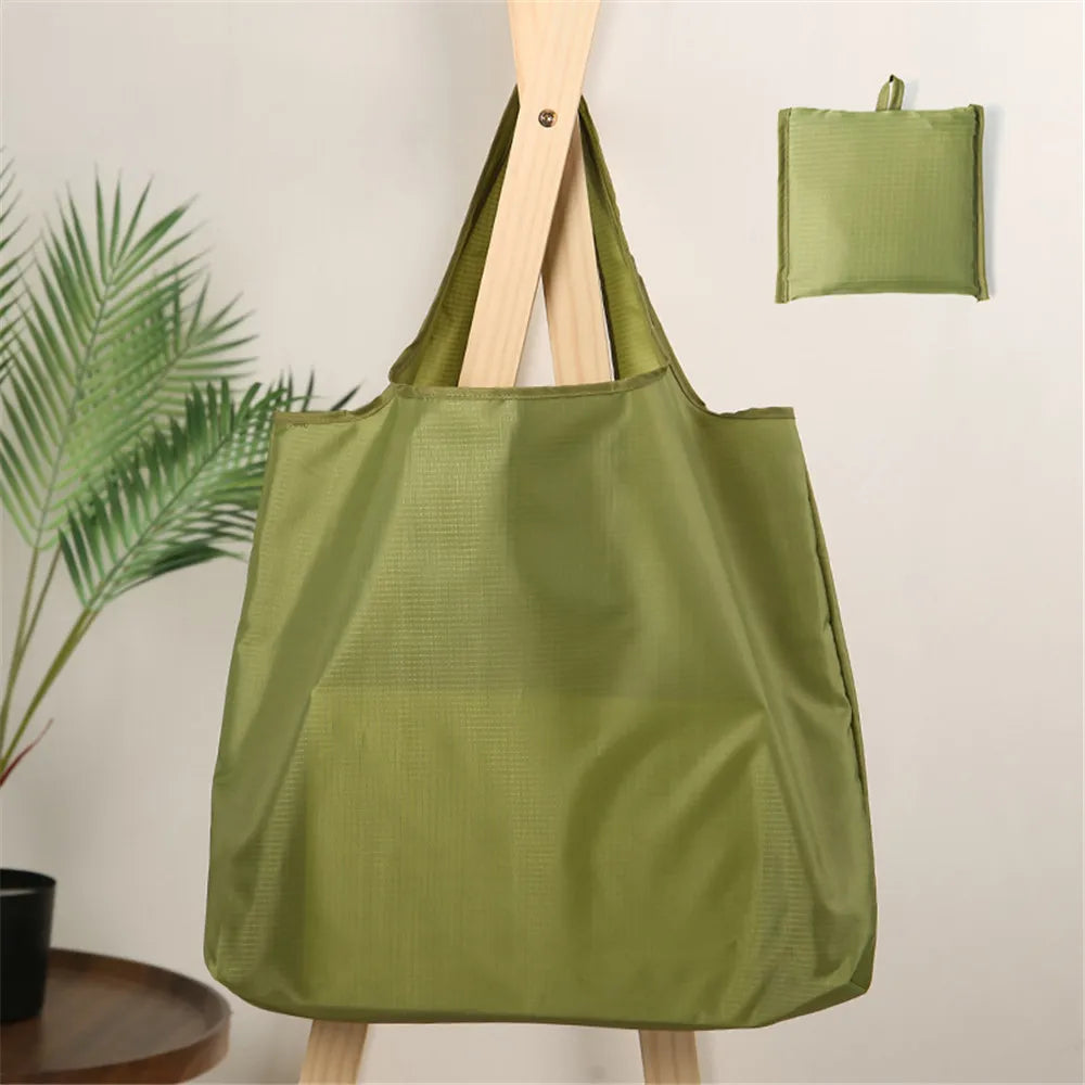 Eco-Friendly Folding Shopping Bag Waterproof Reusable Shoulder Handbag for Travel Grocery Fashion Pocket Tote Solid Color Bag