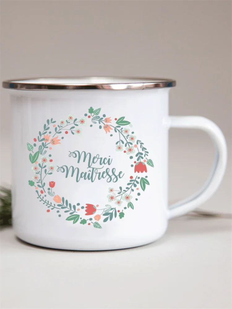 French Flower Printed Enamel Mugs Creative Coffee Mug Milk Wine Beer Drink Juice Cup School Home Handle Drinkware Teacher Gifts