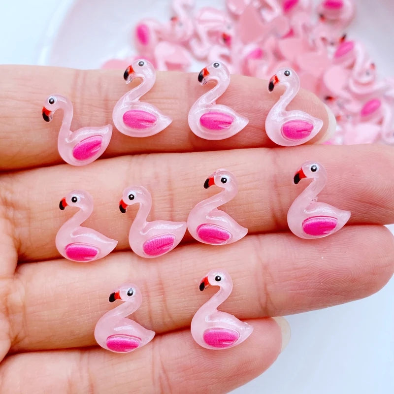 50Pcs New Cute Mini 10*13mm Cartoon Animal Flamingo Resin Figurine Crafts Flatback Ornament Jewelry Making Hairwear Accessories