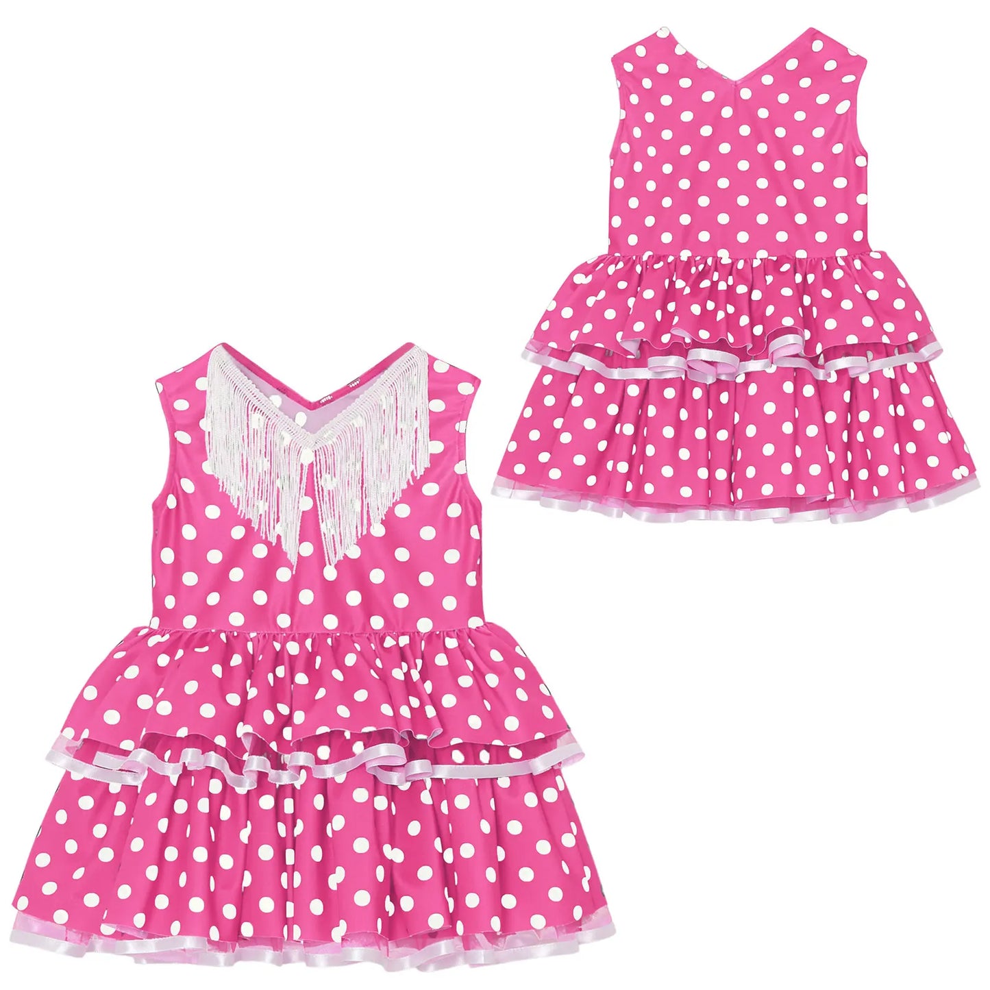 Baby Girls Cute Flamenco Dance Costume V-neck Sleeveless Tassel Polka Dot Mesh Layered Cake Dress for Dance Party Performance