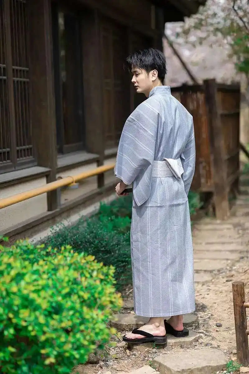 Traditional Japanese KIMONO Fashion YUKATA Summer Men Long Robes With Belt 95% Cotton Pajamas Set Male Sleepwear Bathrobe