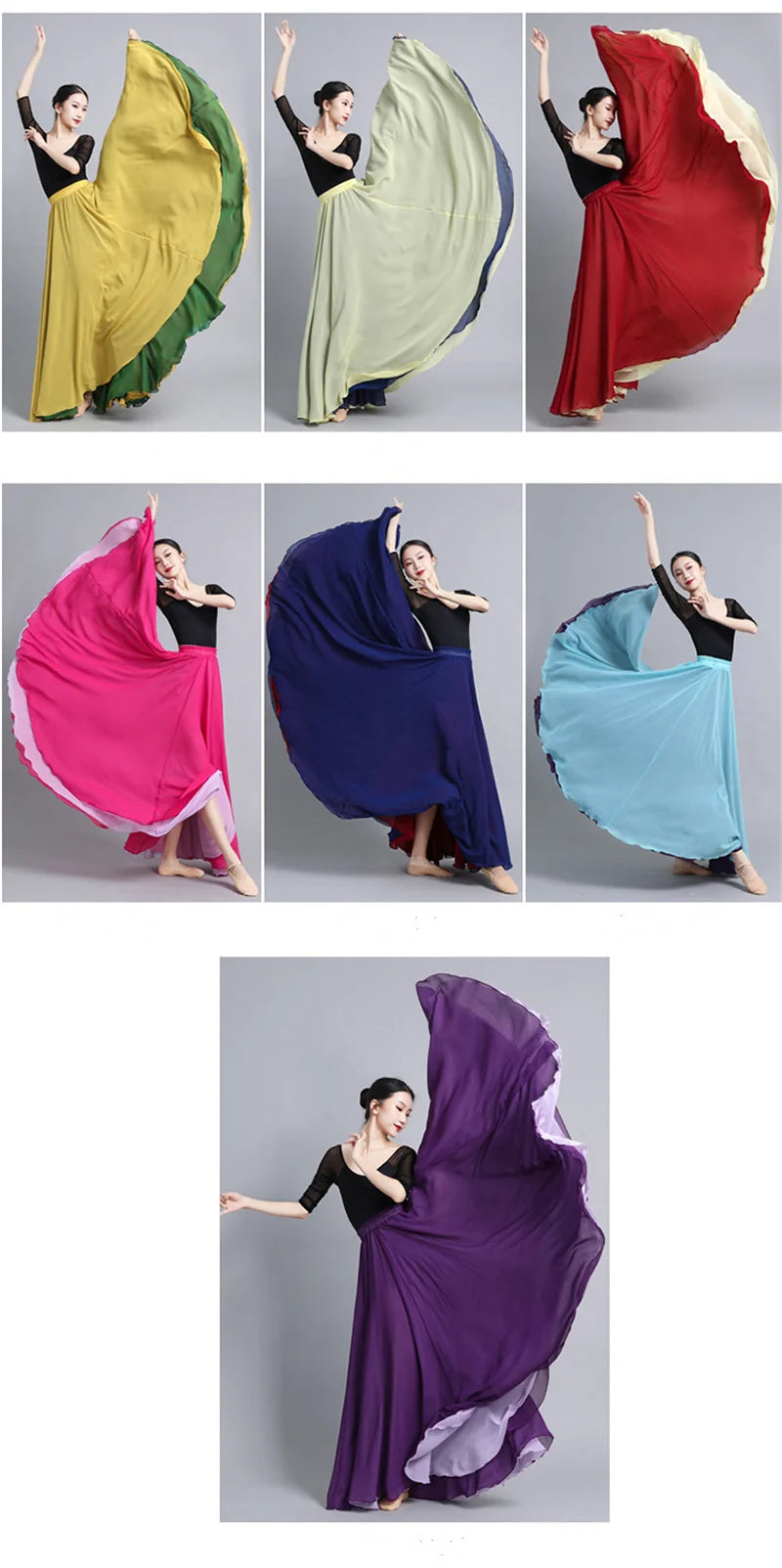 Flamenco Chiffon Dance Skirt for Women 720 Degrees Solid Color Long Skirts Dancer Practice Wear Chinese Style Skirt with Big Hem