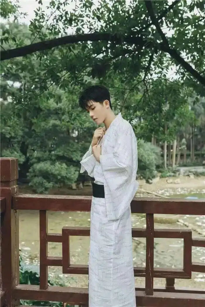 Traditional Japanese KIMONO Fashion YUKATA Summer Men Long Robes With Belt 95% Cotton Pajamas Set Male Sleepwear Bathrobe