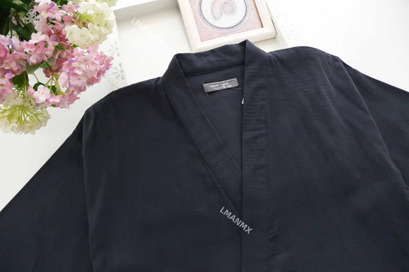 Japanese Style Kimono Cardigan Pants 2pcs Set Men's Nightwear Bathrobe Cotton Comfortable Home Suit Robe Sleepwear Daily Casual