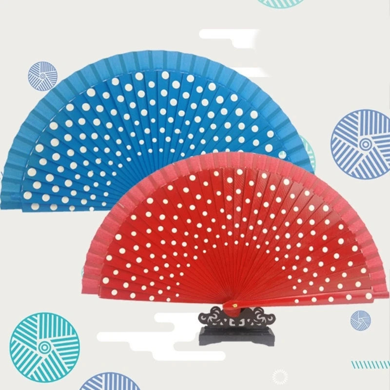 Flamenco Spanish Wood Folding Fan Dots Pattern Modern Classical Vintage Wood Hand Fan for Dance Perfornamnces Party