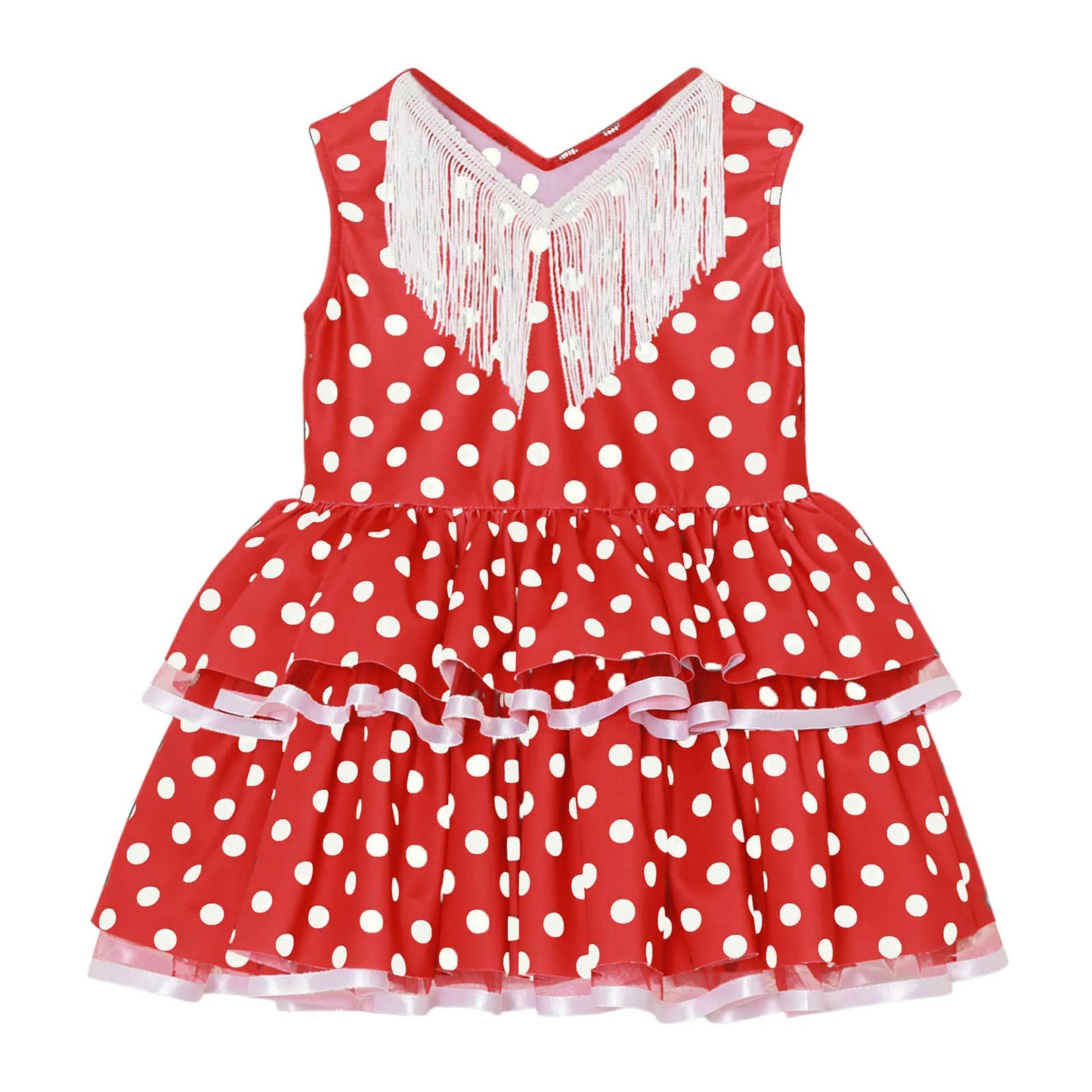 Baby Girls Cute Flamenco Dance Costume V-neck Sleeveless Tassel Polka Dot Mesh Layered Cake Dress for Dance Party Performance