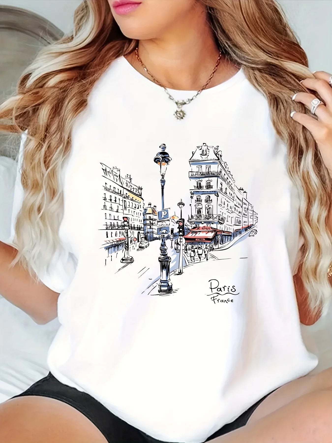 Women'S Paris Street Print T-Shirt Short Sleeve Crew Neck Casual Top with Eiffel Tower Design Spring/Summer/Fall Fashion