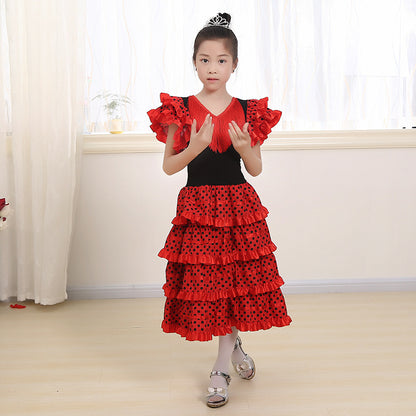 Traditional Spanish Flamenco Dance Dress For Girls Classic Flamengo Gypsy Style Skirt Bullfight Festival Mexican Girl Red