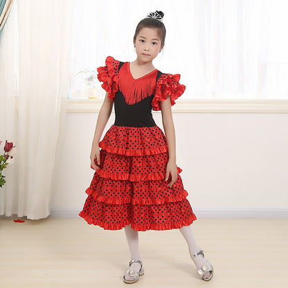 Traditional Spanish Flamenco Dance Dress For Girls Classic Flamengo Gypsy Style Skirt Bullfight Festival Mexican Girl Red