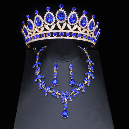 Pink Crystal Bridal Jewelry Sets For Women Girl Princess Tiara/Crown Earring Necklace Wedding Pageant Prom Jewelry Accessories