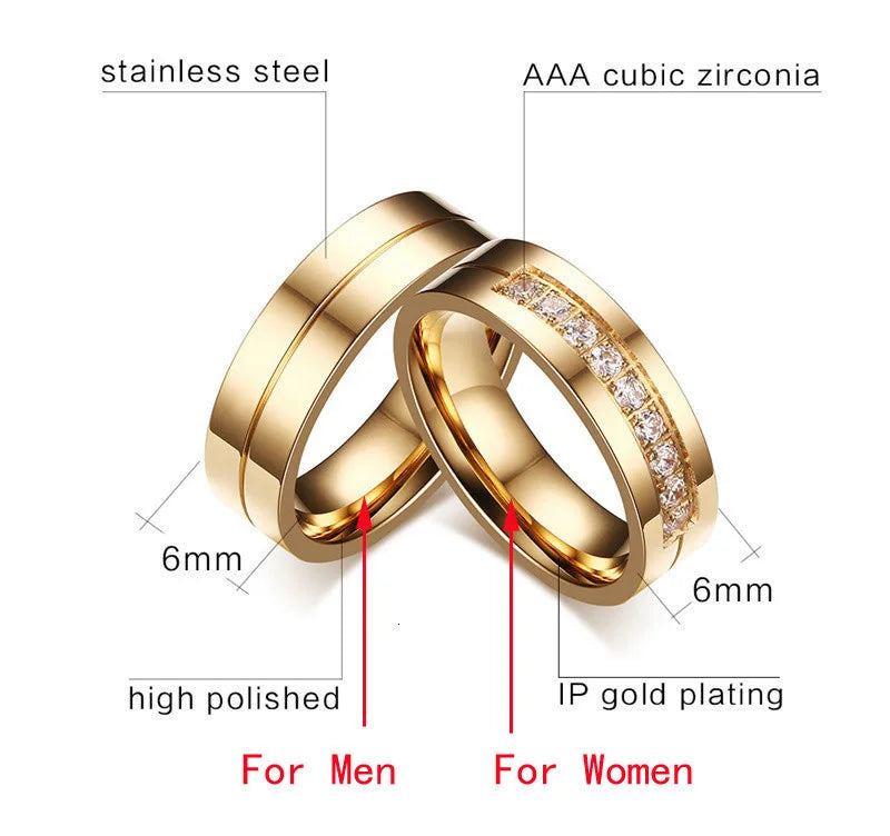 Vnox Trendy Wedding Bands Rings for Women / Men Love Gift Gold-color Stainless Steel CZ Promise Couple Jewelry