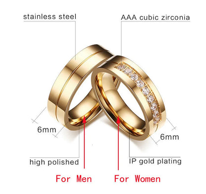 Vnox Trendy Wedding Bands Rings for Women / Men Love Gift Gold-color Stainless Steel CZ Promise Couple Jewelry