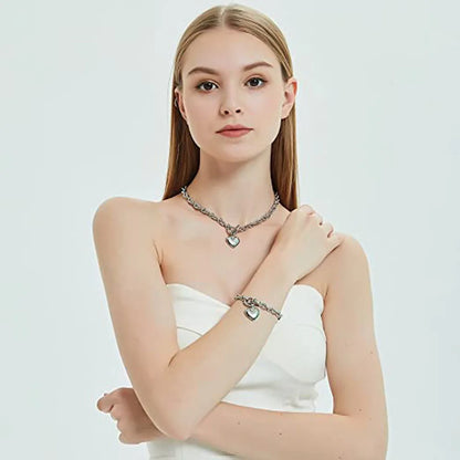 Love Heart Necklace and Bracelet Jewelry Sets for Women Gift Stainless Steel Engagement Wedding Party Chain Set Jewelry Fashion
