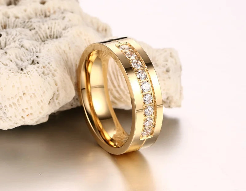 Vnox Trendy Wedding Bands Rings for Women / Men Love Gift Gold-color Stainless Steel CZ Promise Couple Jewelry