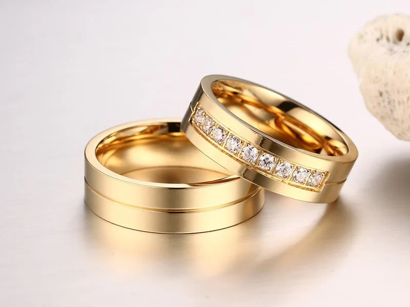 Vnox Trendy Wedding Bands Rings for Women / Men Love Gift Gold-color Stainless Steel CZ Promise Couple Jewelry