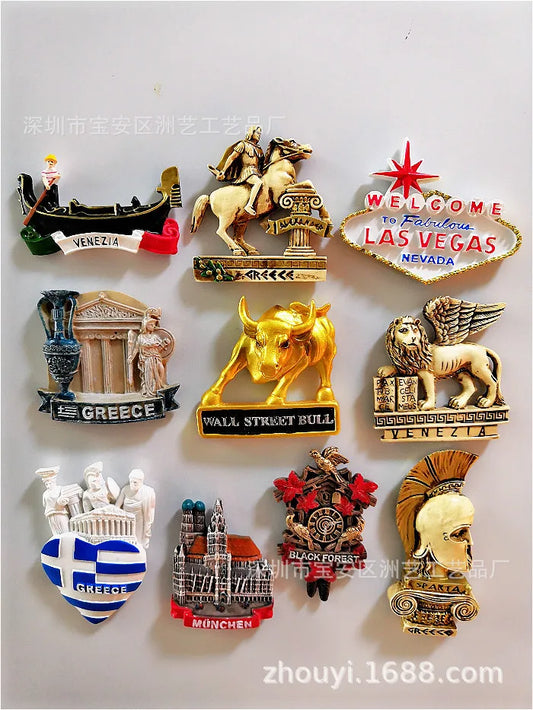 Fridge Magnet Souvenir Venice Las Vegas Greece Black Forest Munich Bull Venetian Lion Spartacus Warrior Helmet Craft Home Decor