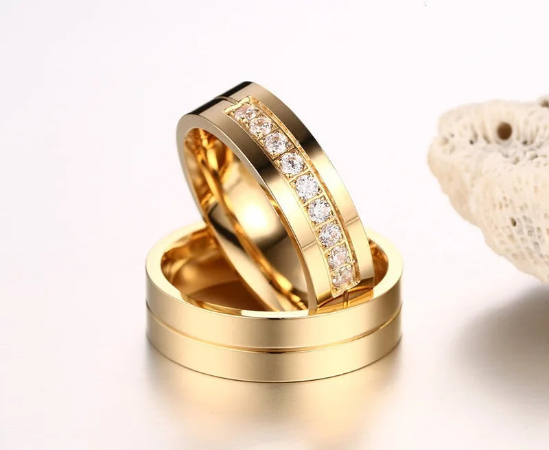Vnox Trendy Wedding Bands Rings for Women / Men Love Gift Gold-color Stainless Steel CZ Promise Couple Jewelry