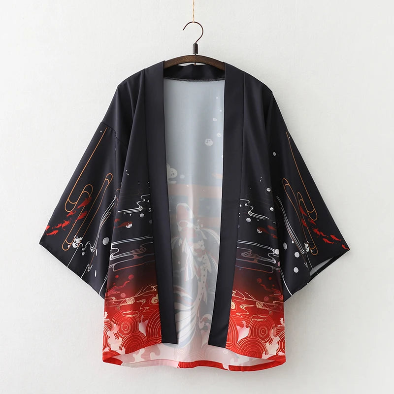2023 New Summer Loose Red Black Japanese Samurai Streetwear Cardigan Women Men Harajuku Haori Kimono Cosplay Blouse Top Yukata
