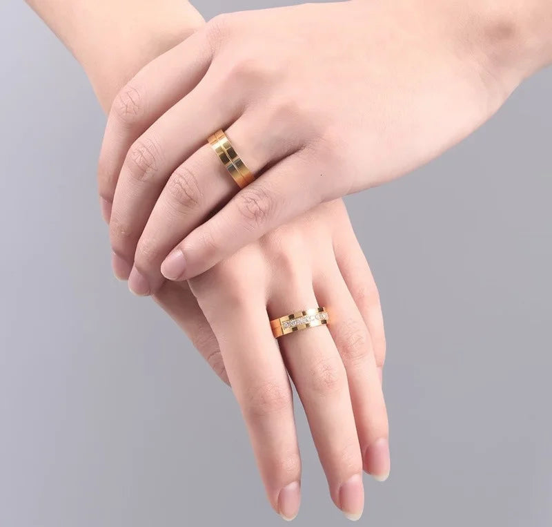 Vnox Trendy Wedding Bands Rings for Women / Men Love Gift Gold-color Stainless Steel CZ Promise Couple Jewelry