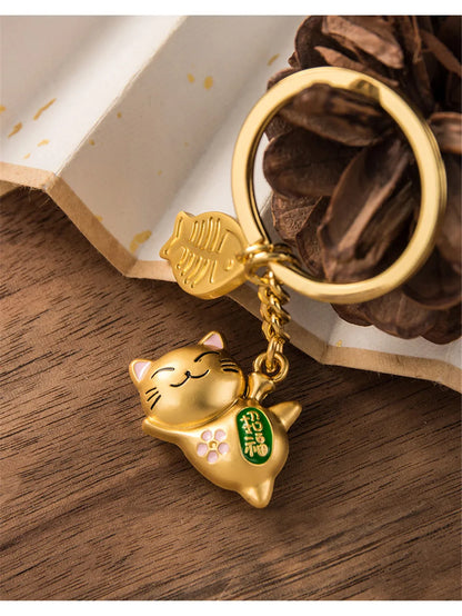 Maneki Neko Japan Lucky Cat Keychain Kawaii Trinkets Alloy Accessory Car Bag Pendant Key Chain Pray Golden Keyfob Couple Gift