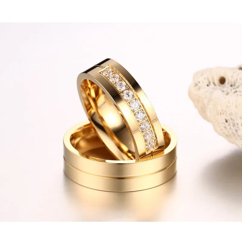 Vnox Trendy Wedding Bands Rings for Women / Men Love Gift Gold-color Stainless Steel CZ Promise Couple Jewelry