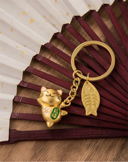 Maneki Neko Japan Lucky Cat Keychain Kawaii Trinkets Alloy Accessory Car Bag Pendant Key Chain Pray Golden Keyfob Couple Gift