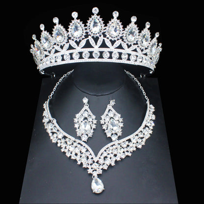 Pink Crystal Bridal Jewelry Sets For Women Girl Princess Tiara/Crown Earring Necklace Wedding Pageant Prom Jewelry Accessories