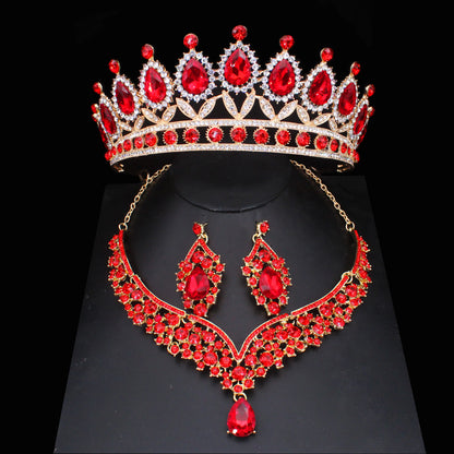 Pink Crystal Bridal Jewelry Sets For Women Girl Princess Tiara/Crown Earring Necklace Wedding Pageant Prom Jewelry Accessories