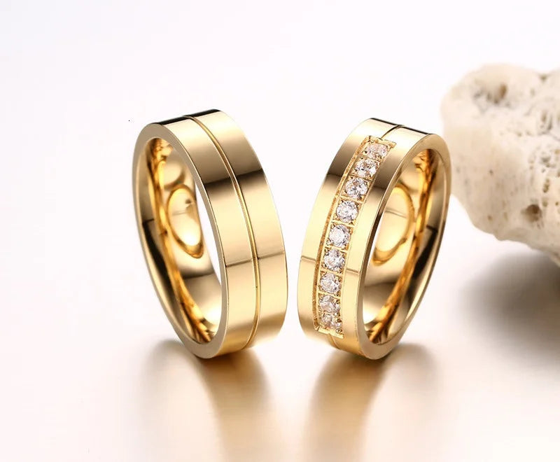 Vnox Trendy Wedding Bands Rings for Women / Men Love Gift Gold-color Stainless Steel CZ Promise Couple Jewelry