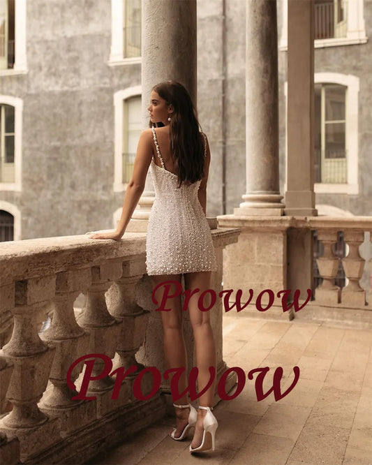 Prowow Luxury Sexy Ivory Pearls Short Wedding Dress 2025 Sweetheart Mini Bridal Gown Customized Spaghetti Straps Zip Back