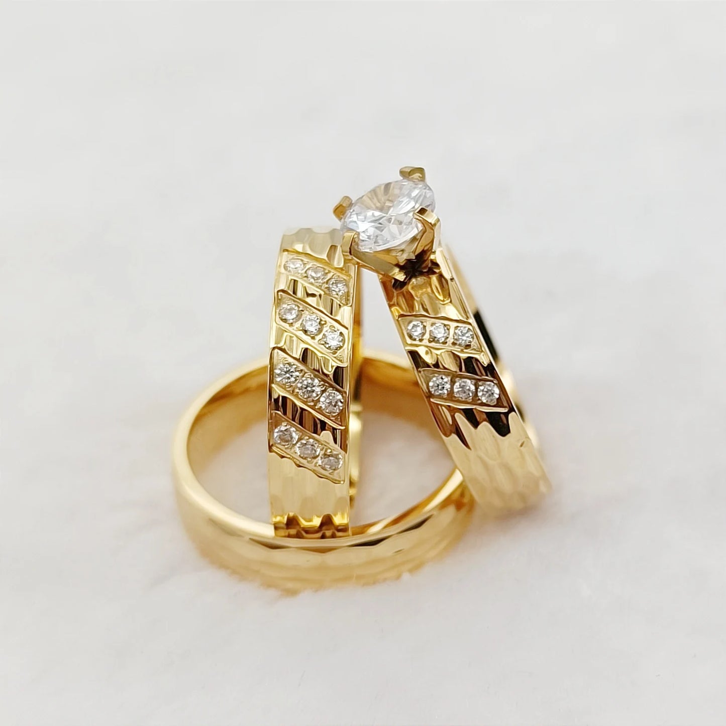 Wedding Rings Sets For Men And Women 3pcs Unique Designer Hammered 24k Gold Plated Jewelry cz Diamond Couples Engagement Ring