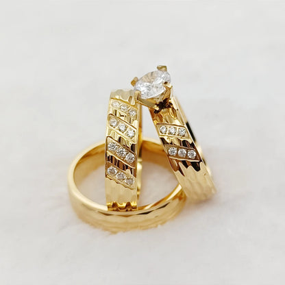 Wedding Rings Sets For Men And Women 3pcs Unique Designer Hammered 24k Gold Plated Jewelry cz Diamond Couples Engagement Ring