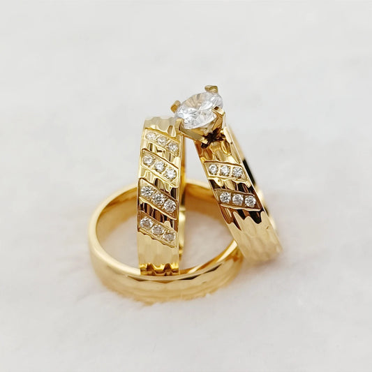 Wedding Rings Sets For Men And Women 3pcs Unique Designer Hammered 24k Gold Plated Jewelry cz Diamond Couples Engagement Ring