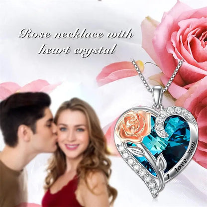 Fashion "I Love You" Rose Flower Pendant Necklace Ladies Heart Crystal Jewelry Anniversary Birthday Gift Mom Wife Girlfriend
