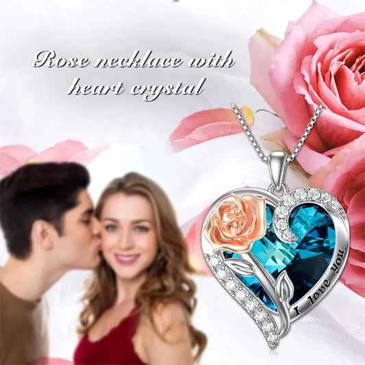 Fashion "I Love You" Rose Flower Pendant Necklace Ladies Heart Crystal Jewelry Anniversary Birthday Gift Mom Wife Girlfriend