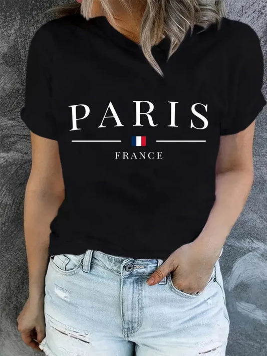 Plus Size PARIS Print T-shirt Short Sleeve Crew Neck Casual Top For Summer & Spring Women's Clothing