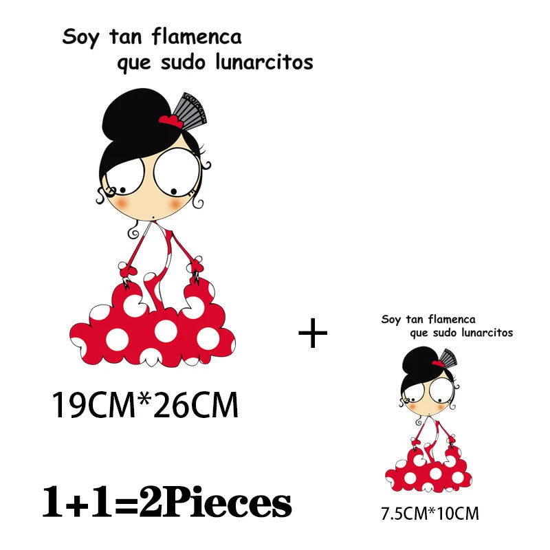 2Pcs/Lot Flamenco Dance Heat Thermal Transfer Fusible Stickers Iron On Thermoadhesive Patches For Clothes Ironing Accessories
