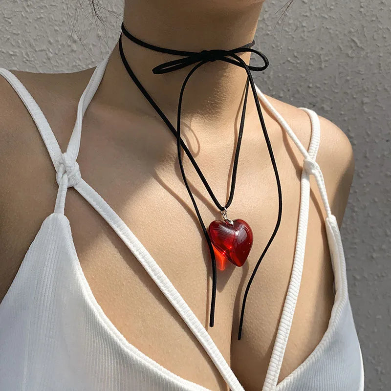 Y2k Love Heart Necklace for Women Fashion Hip Hop Red Hearts Pink Pendants Necklaces Rope Chain Girls Rave Gift Gothic Jewelry