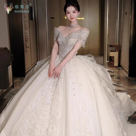 High End Quality Princess Dresses Ball Gown Crystal Heavy Beading 2025 Luxury Bridal Wedding Off Shoulder Main Wedding Dress