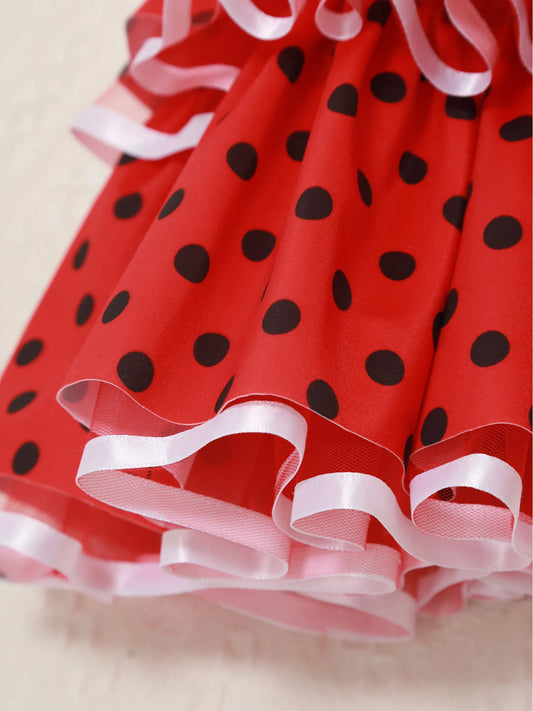 Baby Girls Cute Flamenco Dance Costume V-neck Sleeveless Tassel Polka Dot Mesh Layered Cake Dress for Dance Party Performance