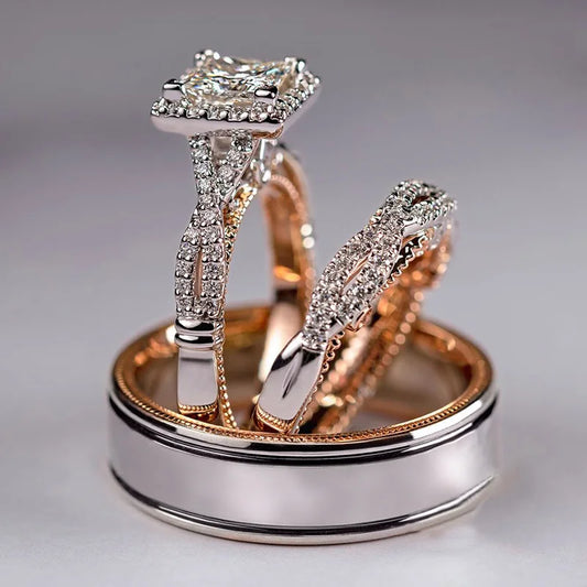 14K Gold Vintage 3-in-1 Promise Ring Set Lab Diamond Engagement Wedding Band Rings for Women Men Party Jewelry