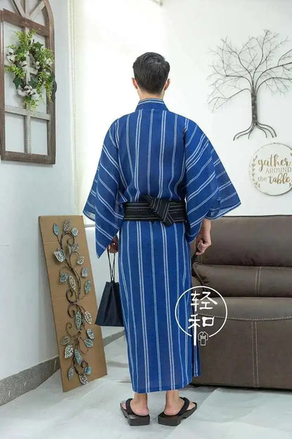 Traditional Japanese KIMONO Fashion YUKATA Summer Men Long Robes With Belt 95% Cotton Pajamas Set Male Sleepwear Bathrobe