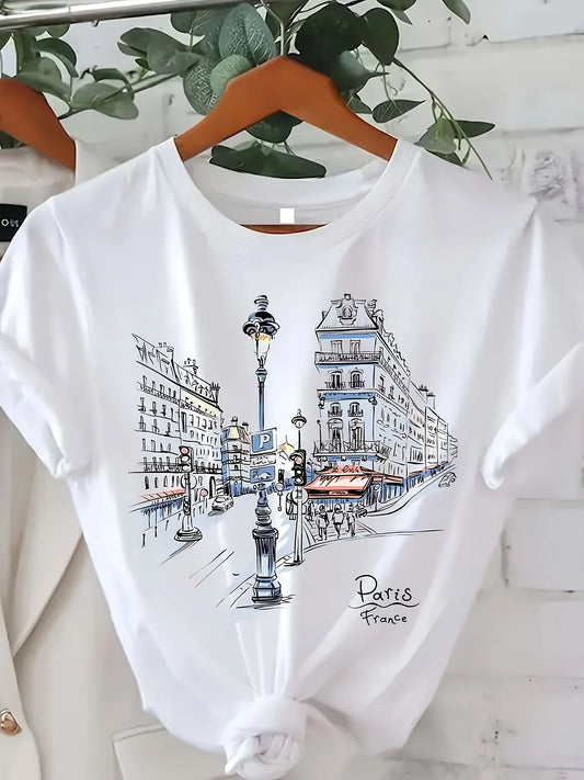 Women'S Paris Street Print T-Shirt Short Sleeve Crew Neck Casual Top with Eiffel Tower Design Spring/Summer/Fall Fashion