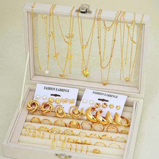 62-Piece Chic Jewelry Set for Women - Includes Earrings, Rings & Necklaces with Heart, Butterfly, Geometric Designs Jewelry Gift