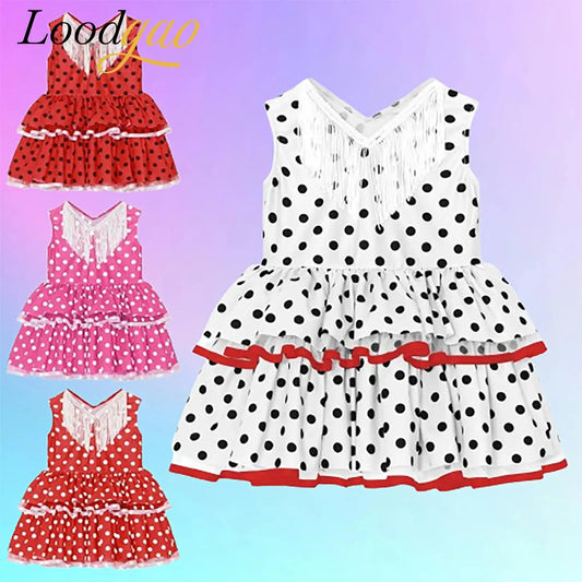 Baby Girls Cute Flamenco Dance Costume V-neck Sleeveless Tassel Polka Dot Mesh Layered Cake Dress for Dance Party Performance